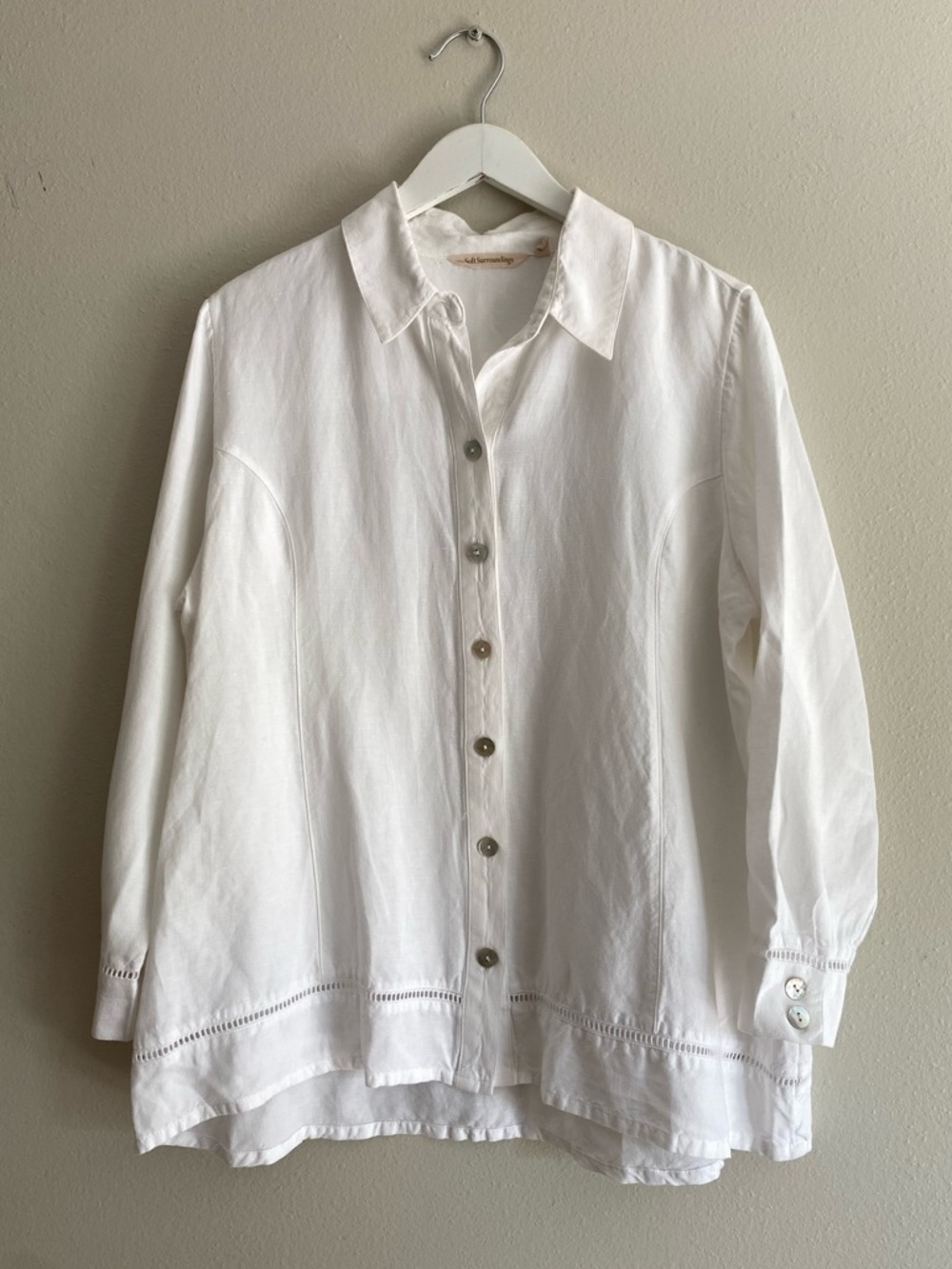 Soft Surroundings White Linen Blend Ladder Lace Button Down Shirt PXL